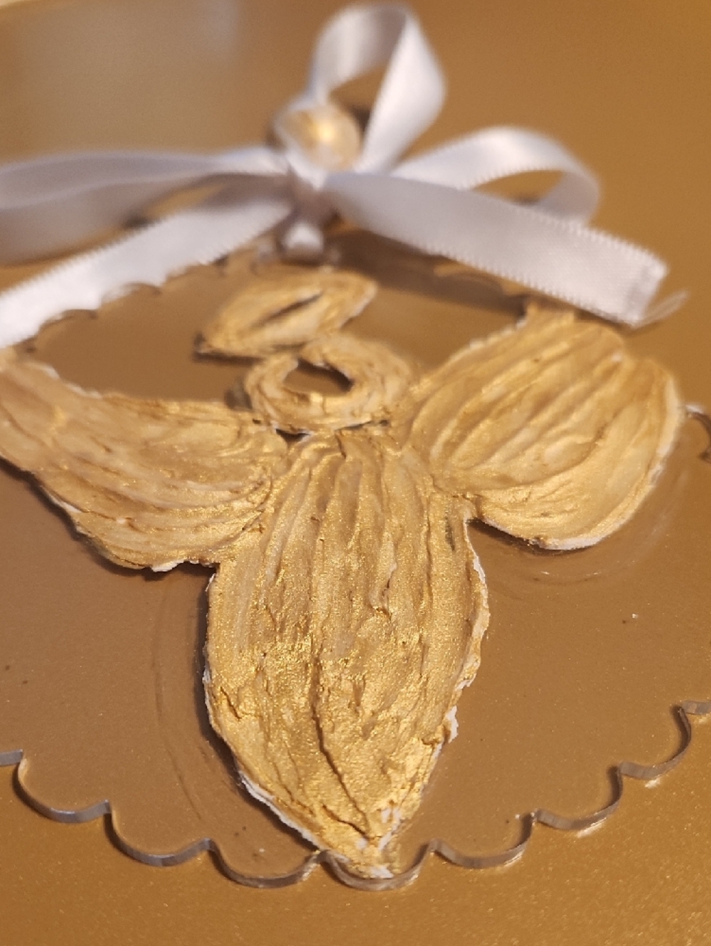 Scalloped Acrylic Disk With Gold Angel - Religious Ornament - White Satin Ribbon